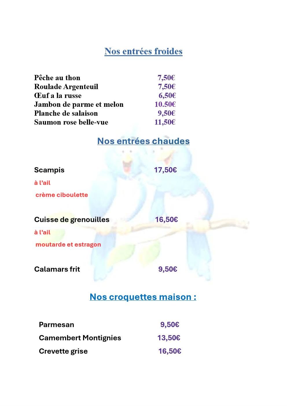 L'Oiseau Bleu Brasserie-Restaurant menu 1